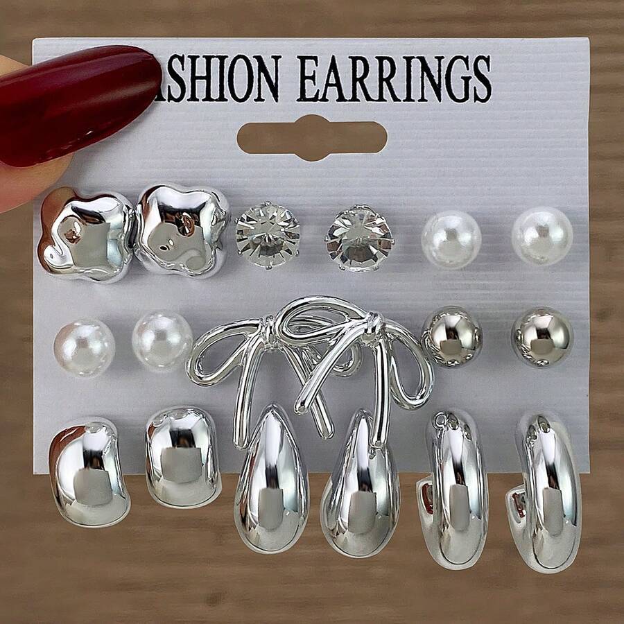 VKME 9件套金属材质蝴蝶结珍珠不对称卡片耳环 - XH92825182 - 查看 1