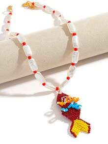 2件套波西米亚风串珠项链套装，卡通可爱小鱼吊坠和不对称珍珠颈链，春季派对礼物和夏季海滩度假首饰 - 彩色 - 查看 4