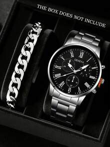 Set de 2 relojes de cuarzo minimalistas y casuales para hombres, accesorio de estilo rústico (incluye reloj de cuarzo con esfera negra y números romanos con correa de metal plateado, y pulsera cubana de eslabones plateados) - Plateado - Ver 6
