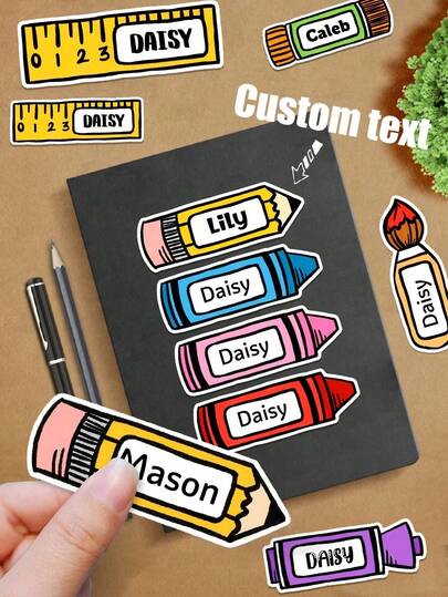 50/20/10/1pc Customized Cartoon Stationery Shaped Stickers, Book Label Stickers, Customized Name Pencil & Crayon Shaped Stickers, Teacher Stickers, Back To School Stickers, Pencil Stickers, Suitable For Holiday Gifts, Reusable, Suitable For Workers, Clients, Students, Applicable For Business/Work/Office, Schools, Holiday Mood Scrapbook Supplies Funny Stickers Scrapbooking Supplies Kindle