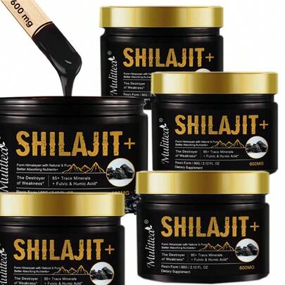 (5 Pack)Mulittea Pure Himalayan Shilajit Resin - 85+ Minerals With Fulvic & Humic Acid For Boost Energy, Immune Support & Mental Clarity | Hormone Balance Support | Adaptogen Supplement, 60g Jar With Measuring Spoon