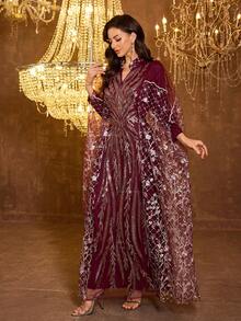 UNITHORSE 女士 V 领长袖系带亮片网纱连衣裙 - 酒紅色 - 查看 5