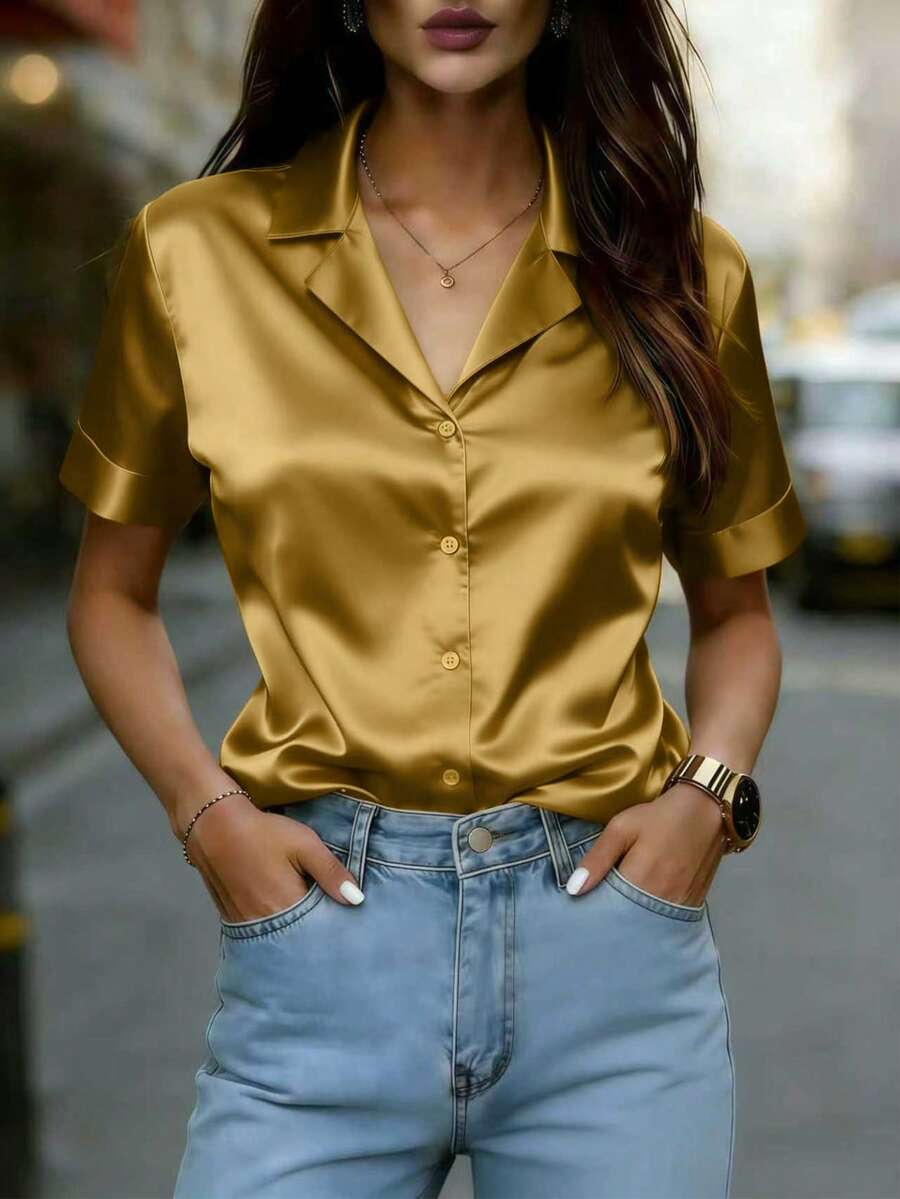 女士优雅金色常规袖缎面衬衫，前扣针织面料上衣 - 芥末黃 - 查看 1