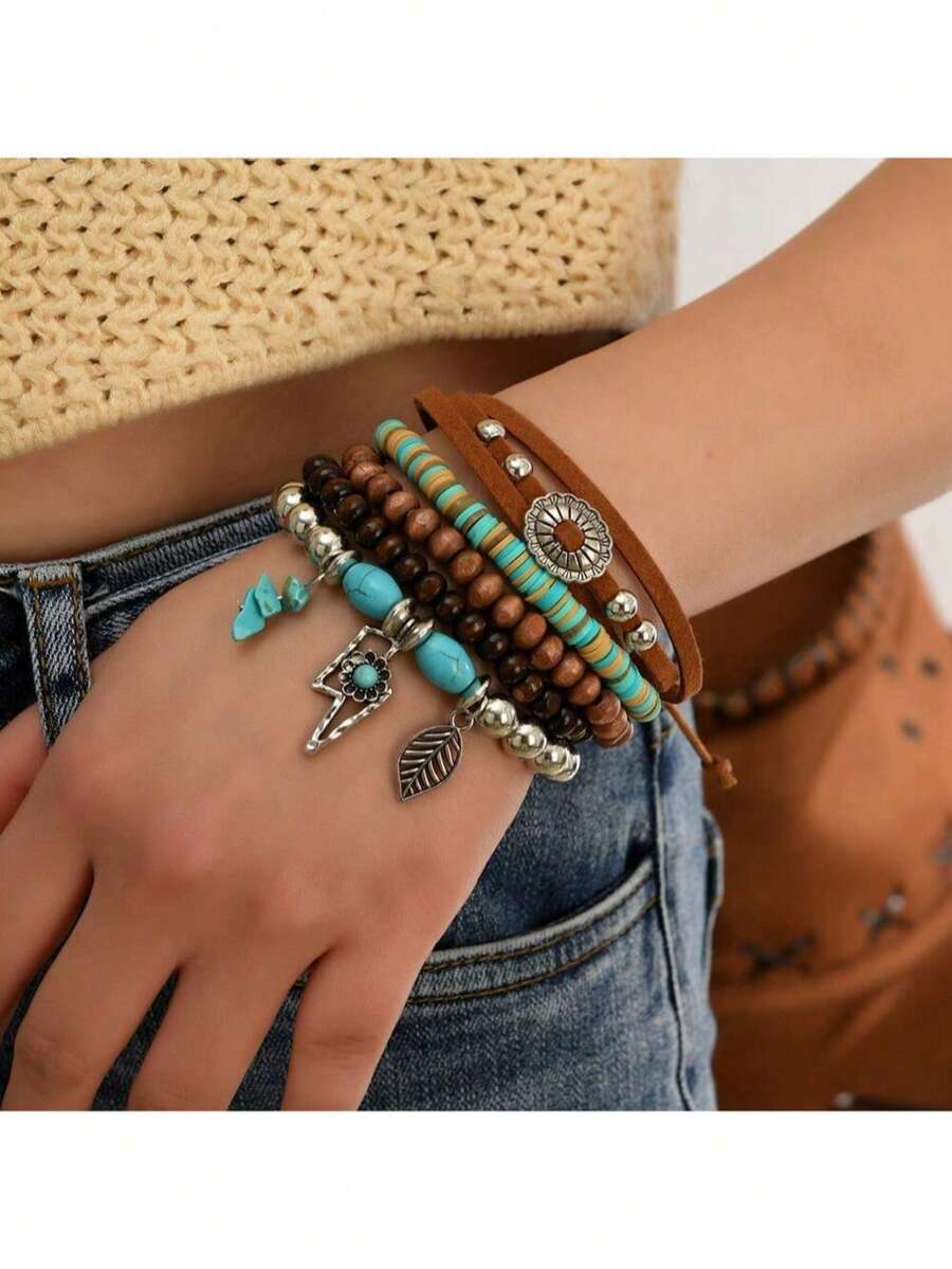 5pcs/Set Bohemian Style Wooden Beaded Bracelet Set, Suitable For Women's Daily Wear - Multicolor - View 1