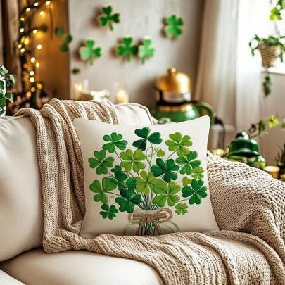 1PC St. Patrick's Day Pillowcase With A Lucky Clover Bouquet Decoration In A Glass Vase, Rustic-Style Green-Themed Holiday Pillow Cover, Home Sofa Gift, Single-Sided, Pillow Insert Not Included