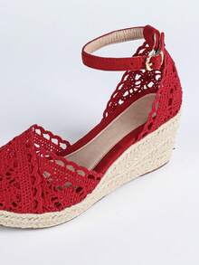 Giày sandal nữ đế xuồng bằng vải lanh, dây thừng, ren, khoét lỗ, mũi tròn, kiểu dáng casual, thoáng khí, gót dày, kiểu sandal ngư dân, đa năng. - Đỏ - Xem 8