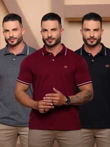 Set Of 3 High-Quality 100% Cotton Polo Shirts - Basic Men's T-Shirt - Regular Fit - Christmas, Halloween, Thanksgiving, Valentine's Day, Pride Month, Teacher's Day, Father's Day, Carnival, Spring Picnic, Mother's Day, Ramadan, New Year's Day, April Fool's Day, Independence Day, International Workers' Day, Eid Al-Adha, Nurses' Day, Spring Festival, St. Patrick's Day - Polo Shirt - 瑪薩拉鉛黑 - 查看 1