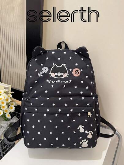 1pc Black Nylon Casual Chic Cartoon Cat Letter Star All-Over Print Adjustable Strap Multi-Pocket Smooth Zipper Large Capacity Foldable Water-Resistant Backpack (No Pendant), Suitable For Spring/Summer , Suitable For High School Students, Versatile Use For School, Commute, Outdoor Travel, Also Suitable As Holiday Gift, Can Hold Books, Pencil Case, Cosmetic Bag, Cosmetic Box, Suitable For Family, Gift-Giving, Vacation