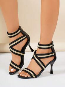 Giày sandal cao gót mũi nhọn thanh lịch dành cho nữ - Mũi hở, quai sau, thiết kế khóa kéo, sandal cao gót thời trang mùa hè. - màu đen - Xem 5