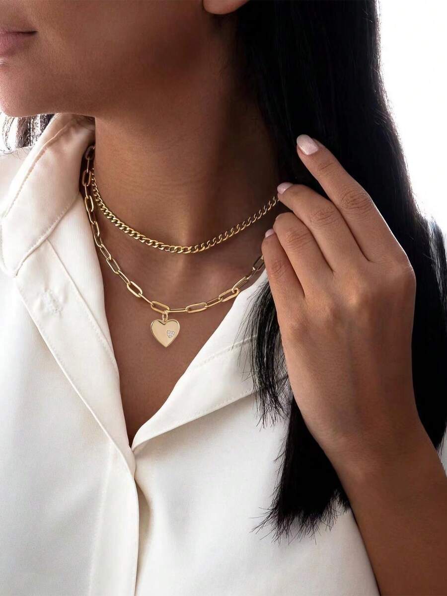 2pcs Copper Fashionable European & American Style Heart-Shaped Plaid Chain Layered Necklace Set, Suitable For Beach & Holiday Accessories - Yellow Gold - View 1