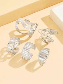 5pcs Asymmetrical Geometric Open Ring Set, Elegant Woven Line Design Stainless Steel Rings, Waterproof & Fade-Resistant, Versatile Daily Wear Jewelry For Women - Geometry - View 7