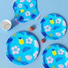 Hawaiian Hibiscus & Pineapple Pattern Disposable Plate, Napkin, Cup Set, Serves 8 Guests, Suitable For Birthday, Wedding, Party, Family Picnic - Multicolor - View 4