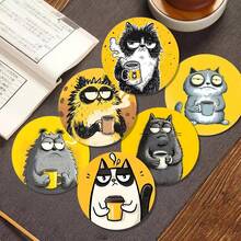 1 Set/6 Pieces Abstract Cat-Themed Wooden Coasters - Wooden Drink Coasters For Coffee Tables, Elegant Protective Pads, Cozy Home Gift, Wooden Coasters - Wooden Board-circle Coaster - View 1