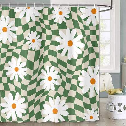 1pc Fresh Checkered Flower Shower Curtain, Abstract Checkered Flower Printed Shower Curtain, Very Suitable For Bathroom Decoration, Universal Room Decoration, Home Decoration Set, Bathroom Accessories Bath Curtain
