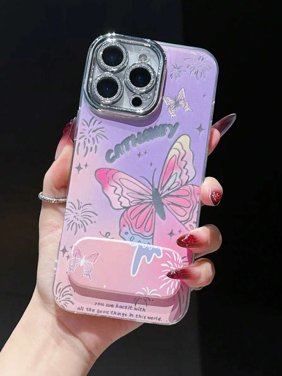 1pc Fashionable Butterfly Mirror Invisible Bracket Phone Case Compatible With IPhone 11/12/13/14/15/16 Pro/17 Pro Max, With Glitter Lens Film Full Coverage Precise Cutouts Protective Case, Valentine's Day Gift - Purple - View 1