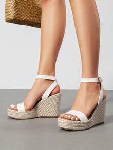 Women's Espadrille Wooden Heeled Wedge 4.17-Inch Platform Sandals Open Toe Adjustable Buckle Ankle Strap Comfortable Fashion Dressy Summer Shoes - trắng - Xem 3