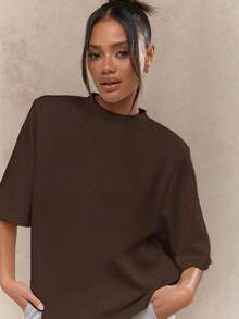 Valentine Outfits For WomenMISSGUIDED Oversized T Shirt Mock Neck Wide Half Sleeve Boxy Fit Casual Office Weekend Fall Winter Fashion Minimalist Vers - 棕色 - 查看 3