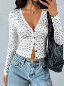 Floral Print Lace Trim Fitted Long Sleeve Sexy Deep V-Neck Waist Cinched Short Dress, Fresh Blue & White - Multicolor - View 5