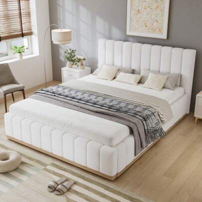 Beige PU Upholstered Double Bed 4ft6 (135*190cm) - Soft Padded Headboard, Sturdy Support Slats, Durable MDF & Plywood Construction For Adult & Teen Bedroom