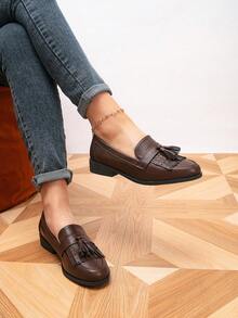 女士乐福鞋，圆头平底流苏乐福鞋，户外复古一脚蹬鞋，女鞋，休闲鞋 - 銅色 - 查看 2