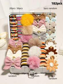 Zestaw 182 szt./zestaw uroczych, puszystych pomponów, sztucznych pereł, akcesoriów do włosów w kształcie kokardy, w tym gumki do włosów z pomponami, 3D kwiatowe, spinki do włosów z kokardkami ze sztucznych pereł, odpowiednie dla dziewcząt i kobiet, stwórz słodki i uroczy wygląd na co dzień, randkę, podróż, do szkoły, na Walentynki, Nowy Rok 2026, spinki do włosów, gumki do włosów - Wielokolorowe - Zobacz 17