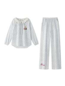 Disney 2件套迪士尼爱丽丝春季新款长袖纯棉卡通白色睡衣套装（女款） - 淺藍色 - 查看 7