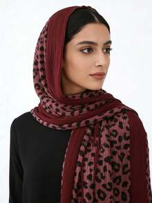 1件红色豹纹女士头巾，波西米亚水墨豹纹面纱头巾，休闲柔软防风披肩，适合日常穿着。 - 紅木色 - 查看 3