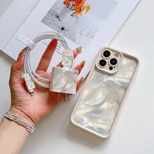 5pcs/Set Pink Shiny Rainbow Heart Pattern Phone Case, Including Charger Head Protector & Cable Guard + Lanyard, Shockproof Matte Soft TPU Protective Cover Compatible With IPhone 17 16e 16 15 14 13 12 11 Mini Pro Max Air X XR XSMAX 8 7 Plus, Fashionable Smartphone Accessory, Creative Design, UV Printing, Perfect Birthday Gift For Fashion & Music Lovers - Multicolor - View 6
