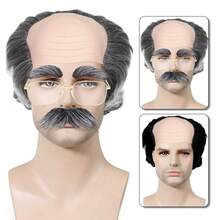 Synthetic Bald Head Wig, Gray/Black Short Curly Bald Wig For Elderly - Bald Head Wig, Theme DIY Prank Props, Bald Wig, Men's Wig, Gray Hair Wig, Halloween Anime Cosplay Party Fun Grandpa Props - Grey - View 1