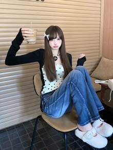 Sexy Polka Dot Print 2 In 1 Long Sleeve Cropped Camisole Knit Top For Women - Black - View 3