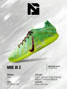Nike Ja 3 Zombie – Men's Lifestyle Sneakers – Shoes For Man -Vintage-Autumn & Winter-Inspired Running Shoes, Shock-Absorbing Comfort, Gym To Streetwear Casual Wear - Prefect Thanks Giving Day & Chrismas Gift – HV9923 700 - Light Lemon Twist/Hemp/Bright Crimson/Black - 查看 6