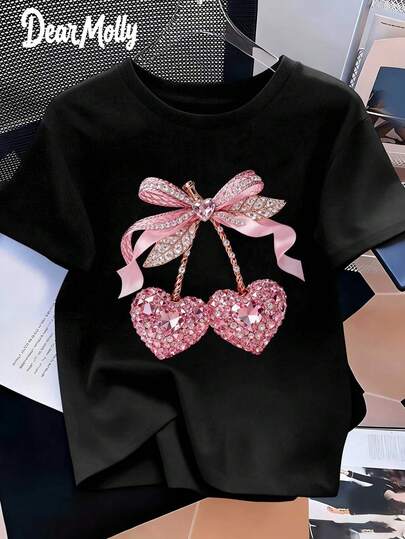 LOVE MOLLY Valentine's Day Cherry Rhinestone Glitter Print Short Sleeve T-Shirt, Retro Funny Valentine's Day Crew Neck Top, Casual Everyday Wear Gift For Her