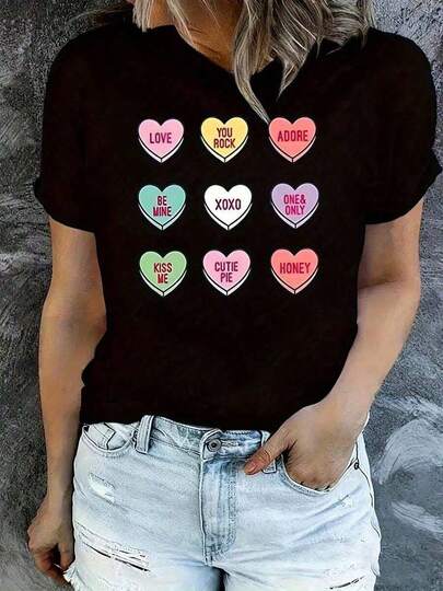 Camiseta de talla para mujeres del Día de San Valentín (6) 1 pieza, divertida camiseta de patrón extragrande de manga corta, camiseta versátil y novedosa, top casual de cuello redondo, camiseta casual unisex