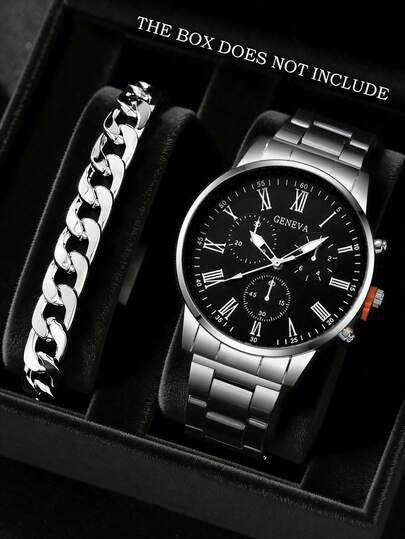 2pcs/Set Minimalist Casual Men's Quartz Watch Set, Men's Rugged Style Accessory (Including Silver Metal Strap Black Dial Roman Numeral Quartz Watch And Silver Cuban Link Bracelet)