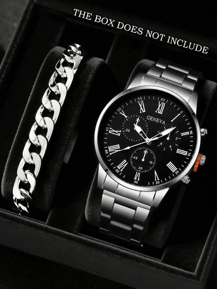 Set de 2 relojes de cuarzo minimalistas y casuales para hombres, accesorio de estilo rústico (incluye reloj de cuarzo con esfera negra y números romanos con correa de metal plateado, y pulsera cubana de eslabones plateados) - Plateado - Ver 1