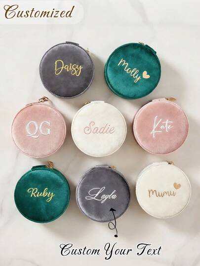 1 pieza Caja de joyería personalizada con estampado en caliente de terciopelo, organizador de joyas portátil de estilo bohemio con cierre de cremallera, enrollador de anillos y iniciales personalizadas, forro de tela suave, regalo para dama de honor, boda, San Valentín, Día de la Madre, cumpleaños, caja de joyería pequeña