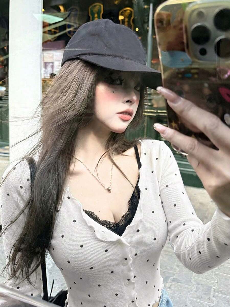 Spring/Summer New Korean Style Low Neck Polka Dot Sexy Pure Desire Knit Cardigan Women's Fashion Elegant Slimming Fitted Blouse With Frill Trim Fall - White Background With Black Polka Dots - View 1
