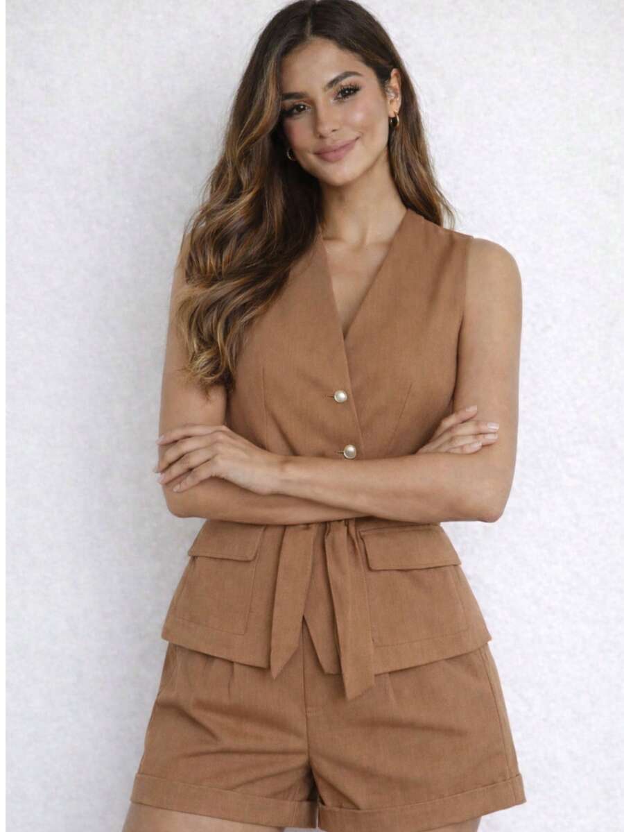 Women's Set With Regular Fit Shorts. Made Of Luis Twill Fabric. Casual And Elegant. Buttons Down The Front. Pocket. With Belt. Suitable For Office Or Beach. - 摩卡棕 - 查看 1