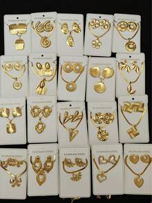 Bộ 24 món dây chuyền và bông tai bằng thép không gỉ hình trái tim và họa tiết hoa, lấy cảm hứng từ phong cách Trung Đông Dubai kết hợp với nét hiện đại, thích hợp làm quà cưới, trang trí tiệc, quà năm mới hoặc phụ kiện dùng quanh năm (Giao hàng ngẫu nhiên) - Nhiều màu - Xem 1