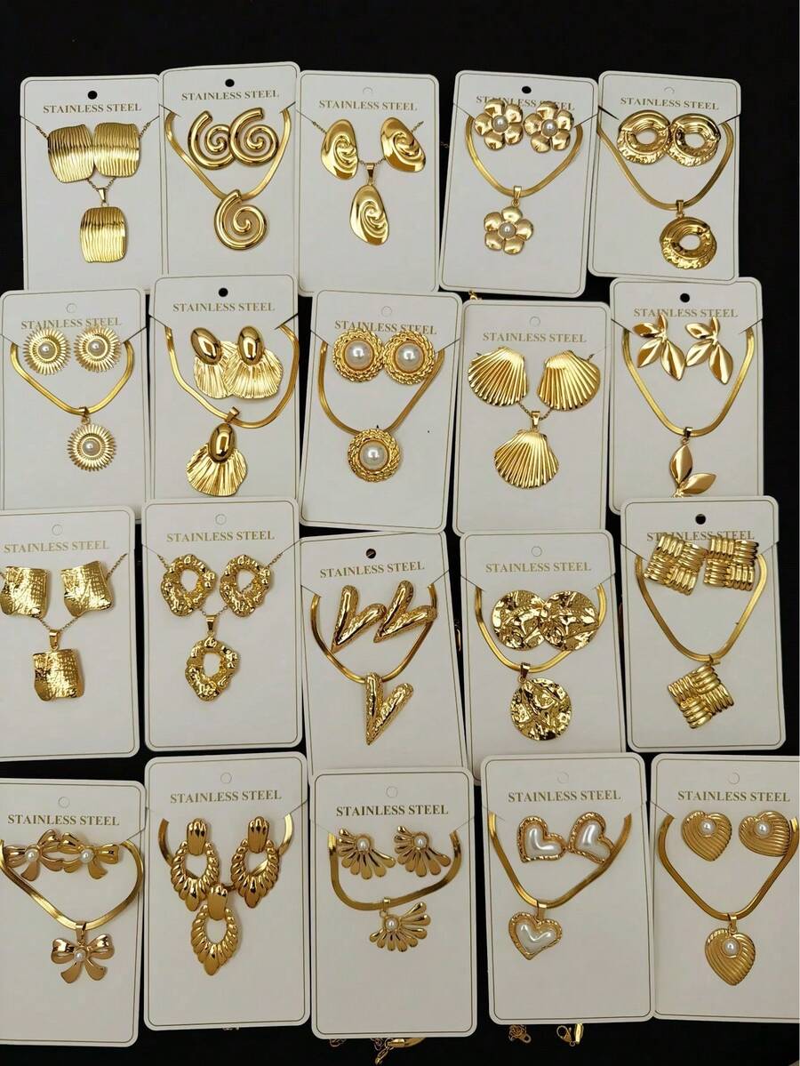 Bộ 24 món dây chuyền và bông tai bằng thép không gỉ hình trái tim và họa tiết hoa, lấy cảm hứng từ phong cách Trung Đông Dubai kết hợp với nét hiện đại, thích hợp làm quà cưới, trang trí tiệc, quà năm mới hoặc phụ kiện dùng quanh năm (Giao hàng ngẫu nhiên) - Nhiều màu - Xem 1