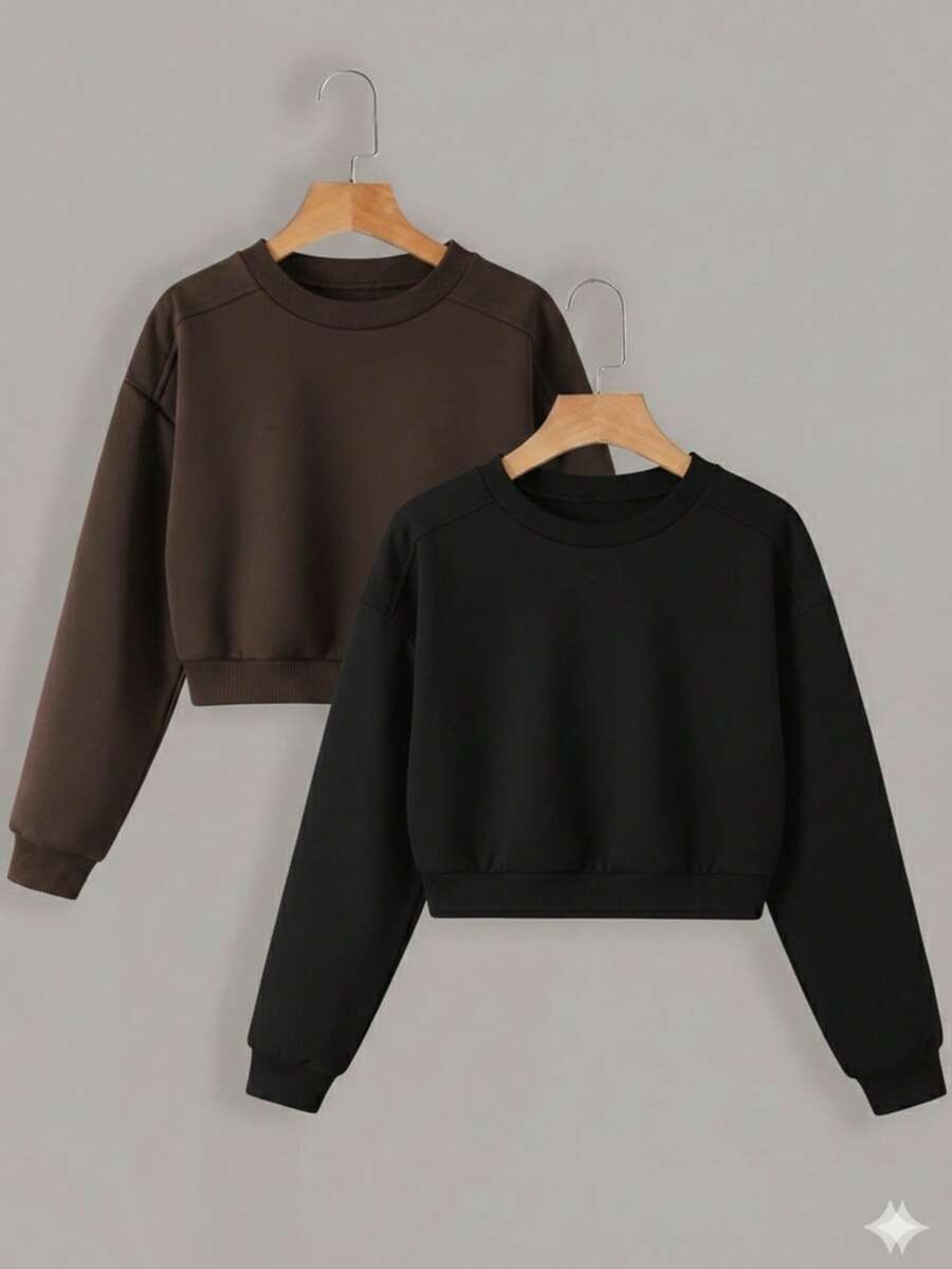 Set Of 2 Women's Premium Cotton Cropped Sweatshirts (No Hood) - Various Colors - ĐEN/NÂU - Xem 1