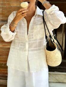 女士杏色格子长袖防晒衬衫，适合海滩、度假、日常穿着、约会、派对等场合。 - 杏色 - 查看 2