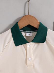 2 pièces/Set Chemise polo à manches raglan avec imprimé lettres et short pour garçons, style décontracté et mode, pour le printemps/été - Nude - Voir 4