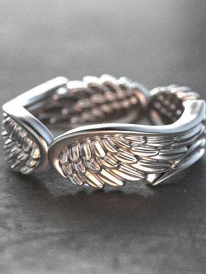 1 件不锈钢天使翼羽毛形戒指，复古氧化银戒指