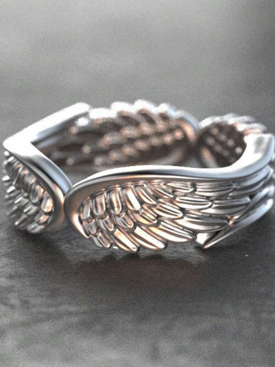 1 件不锈钢天使翼羽毛形戒指，复古氧化银戒指 - 翅膀戒指 - 查看 1