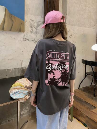 1件装女士休闲宽松度假风印花双面图案圆领T恤，百搭日常穿着，2026春夏款