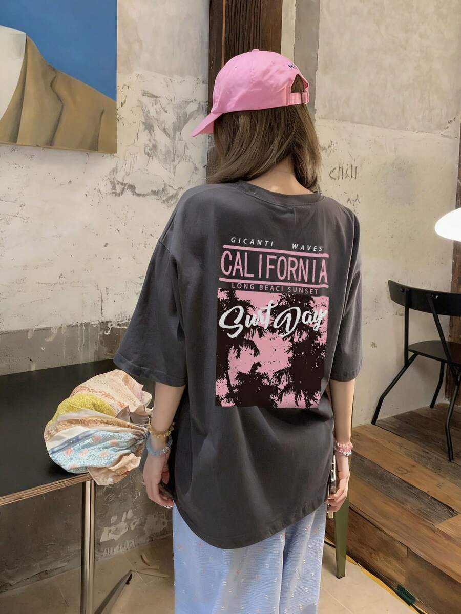 1件装女士休闲宽松度假风印花双面图案圆领T恤，百搭日常穿着，2026春夏款 - 深灰色 - 查看 1