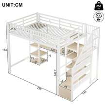 Hochbett, 140 X 200 Cm, Eisenrahmen, Ablagefach, Leiter Mit Stauraum, Schreibtisch, LED-Lichtleiste, USB-Anschluss Inklusive, Ohne Matratze, White - White - View 3