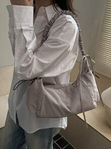 1个尼龙面料多口袋饺子袋，女士休闲褶皱抽绳斜挎单肩包，柔软慵懒的波西米亚风百搭单肩包 - 灰色 - 查看 6