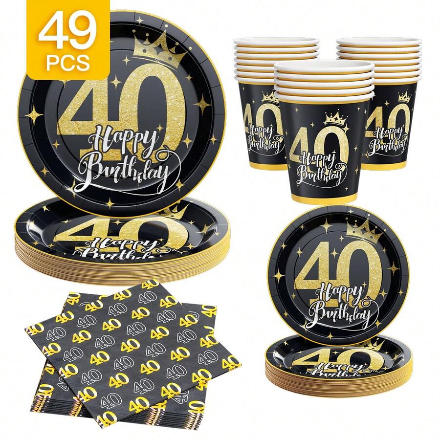 40th Black Gold Dots Happy Birthday Disposable Plate, Napkin, Cup Set, Plates, Napkins And Cups Party Supplies, Serves 8 Guests, Disposable Paper Plates Party Tableware Suitable For Birthday, Wedding, Theme Party, Family Picnic - Multicolor - View 1
